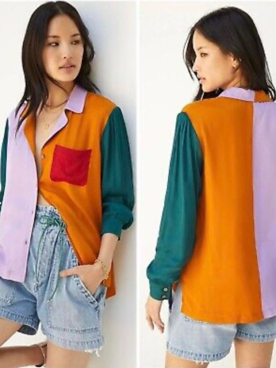 FARM Rio Tops - FARM Rio Colorblock Button-Up Blouse in Orange, Teal, Lavender & Red - Large